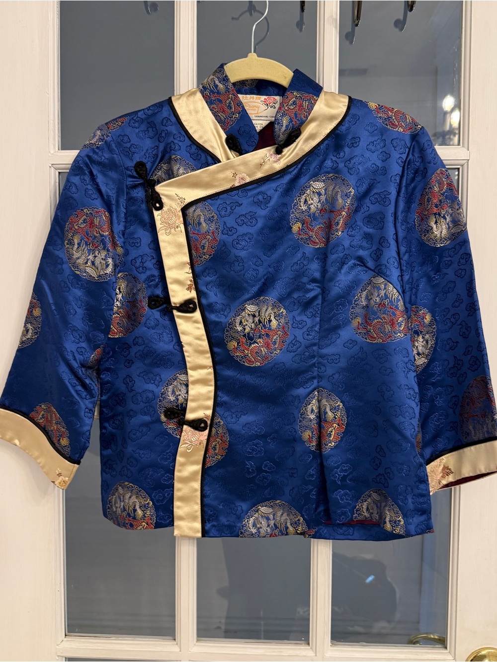 PEONY BRAND Women’s Vintage Blue Satin Chinese Wrap Top Size M